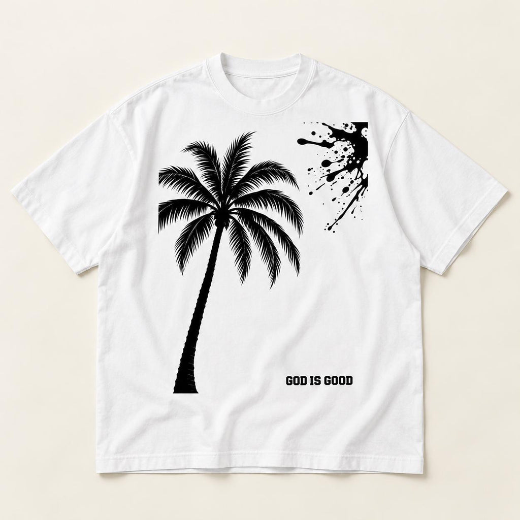 Oversized White Palm Tree T-Shirt, Black Splatter Drip Back, Limited Edition