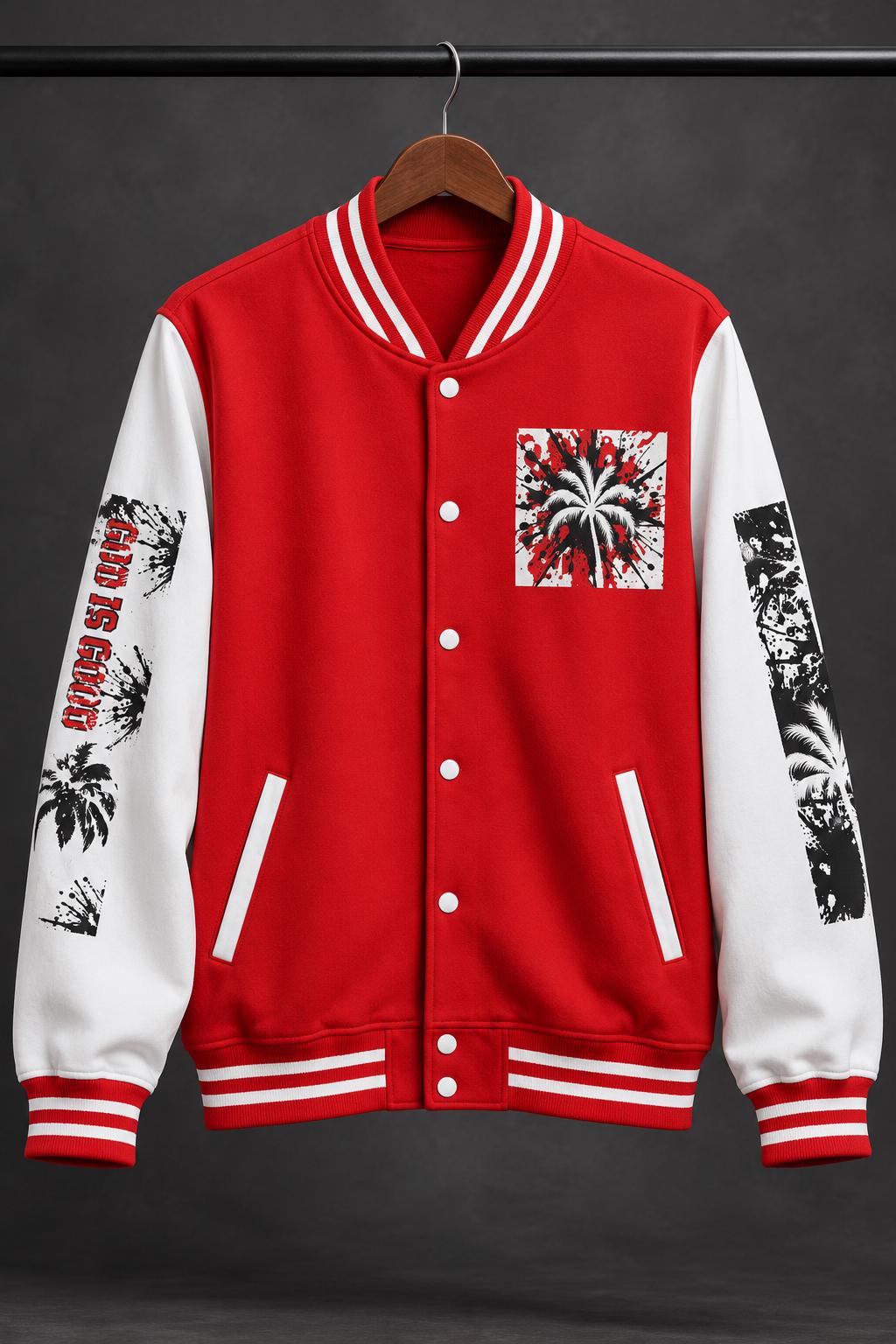 Limited Edition Red Varsity Jacket – God Is Good 88 Palm Tree Graphic (Only 50 Made)