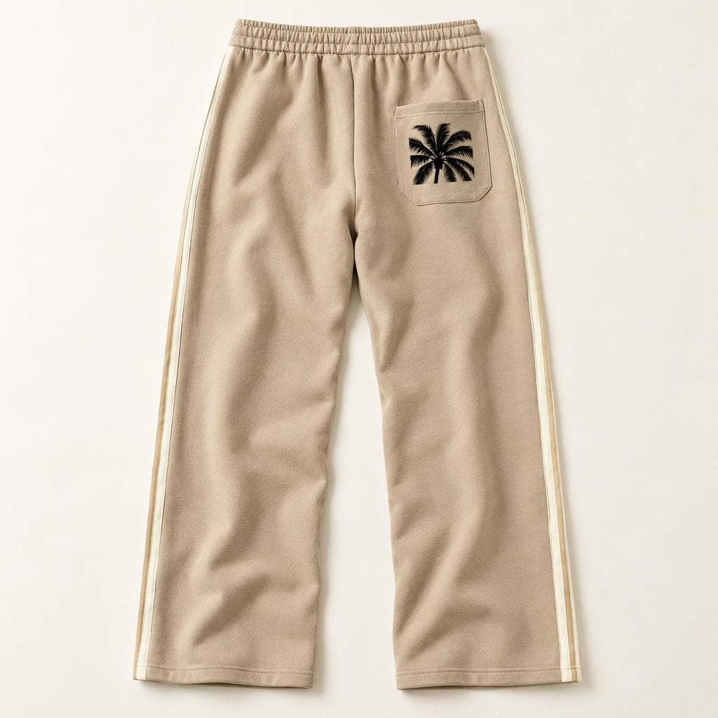 Men's Beige Palm Tree Sweatpants, Wide Leg Track Pants with Cream Stripes