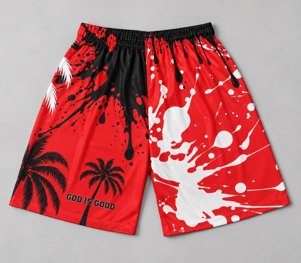 Limited Edition God Is Good Men's Shorts – Red Palm Tree Splatter Design