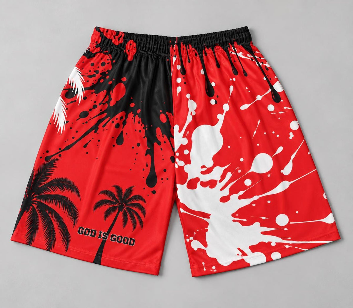 Limited Edition God Is Good Men's Shorts – Red Palm Tree Splatter Design