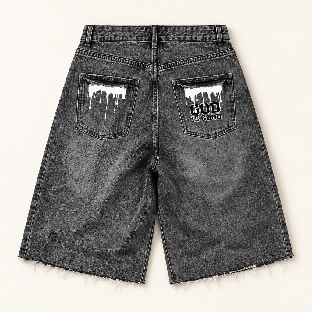Washed Black Denim Bermuda Shorts, Palm Tree Paint Drip Graphics, God Is Good