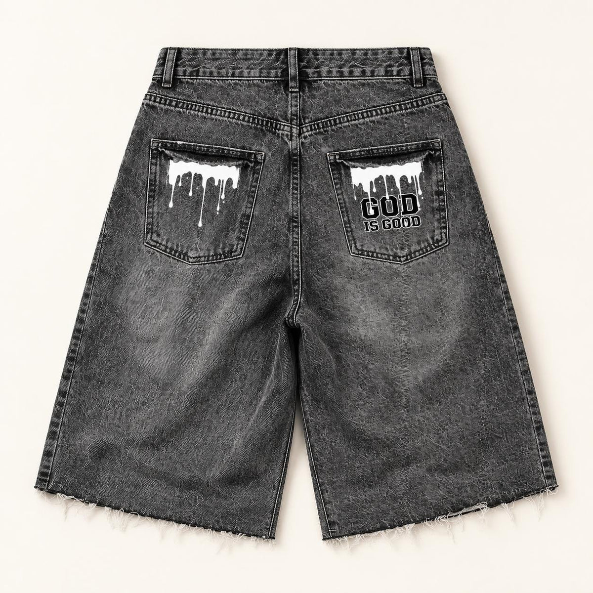 Washed Black Denim Bermuda Shorts, Palm Tree Paint Drip Graphics, God Is Good