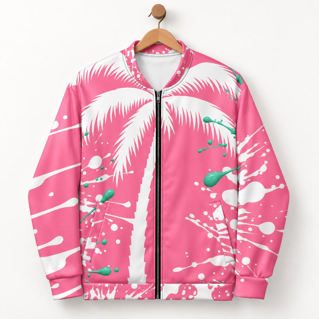 Pink Palm Tree Bomber Jacket, Mint Green Paint Splatter Print, Zip Up Streetwear