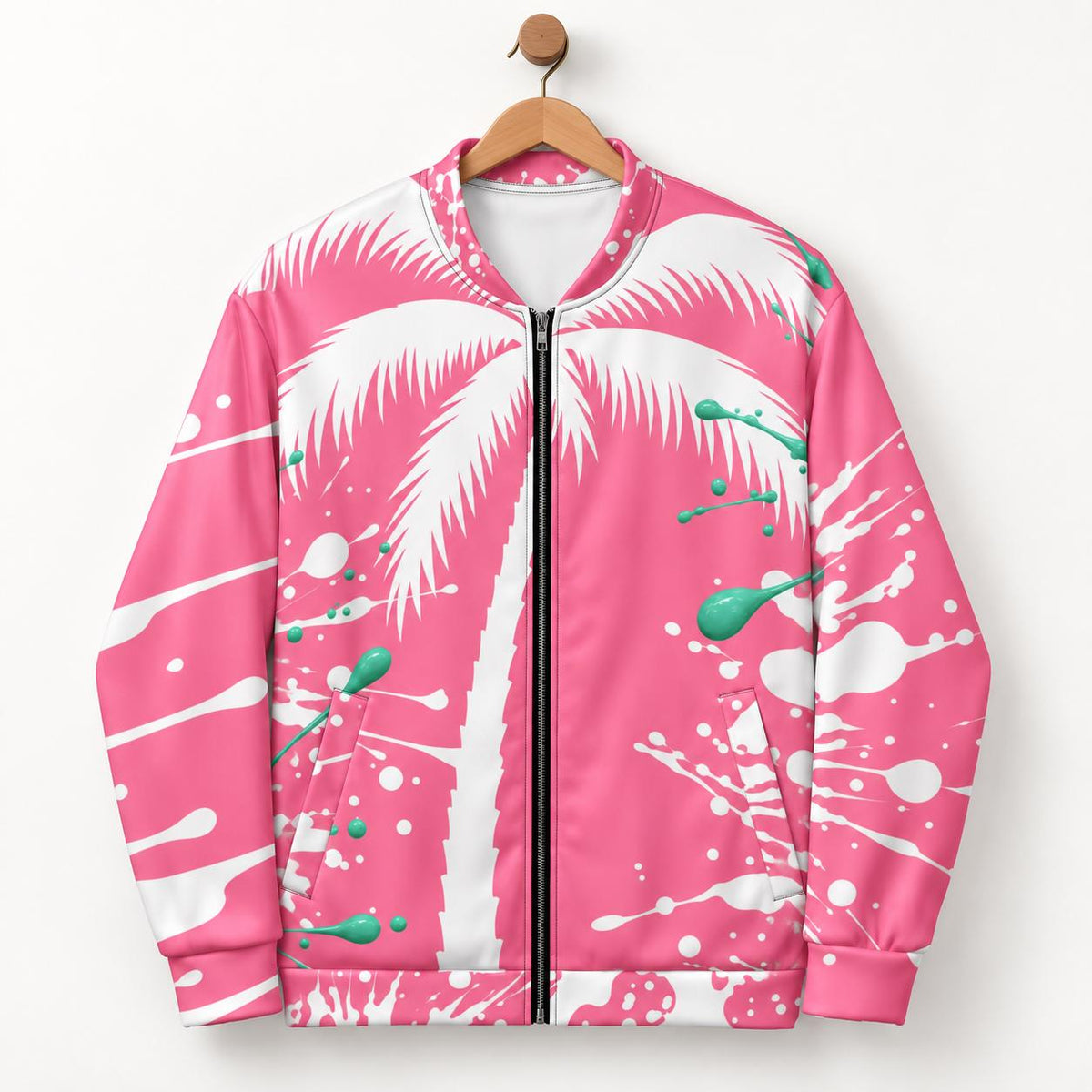 Pink Palm Tree Bomber Jacket, Mint Green Paint Splatter Print, Zip Up Streetwear