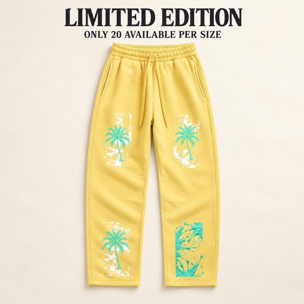 Limited Edition Butter Yellow Palm Tree Sweatpants, Mint Paint Splatter Graphic Pants