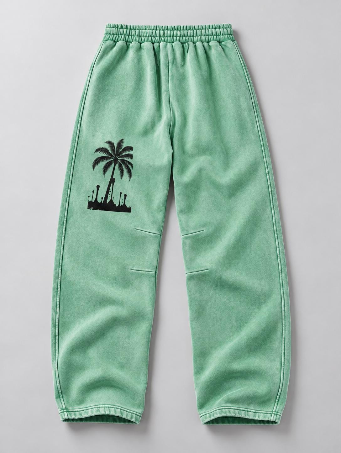 Mint Green Paint Splatter Sweatpants, Palm Tree Graphic, Relaxed Wide Leg Pants