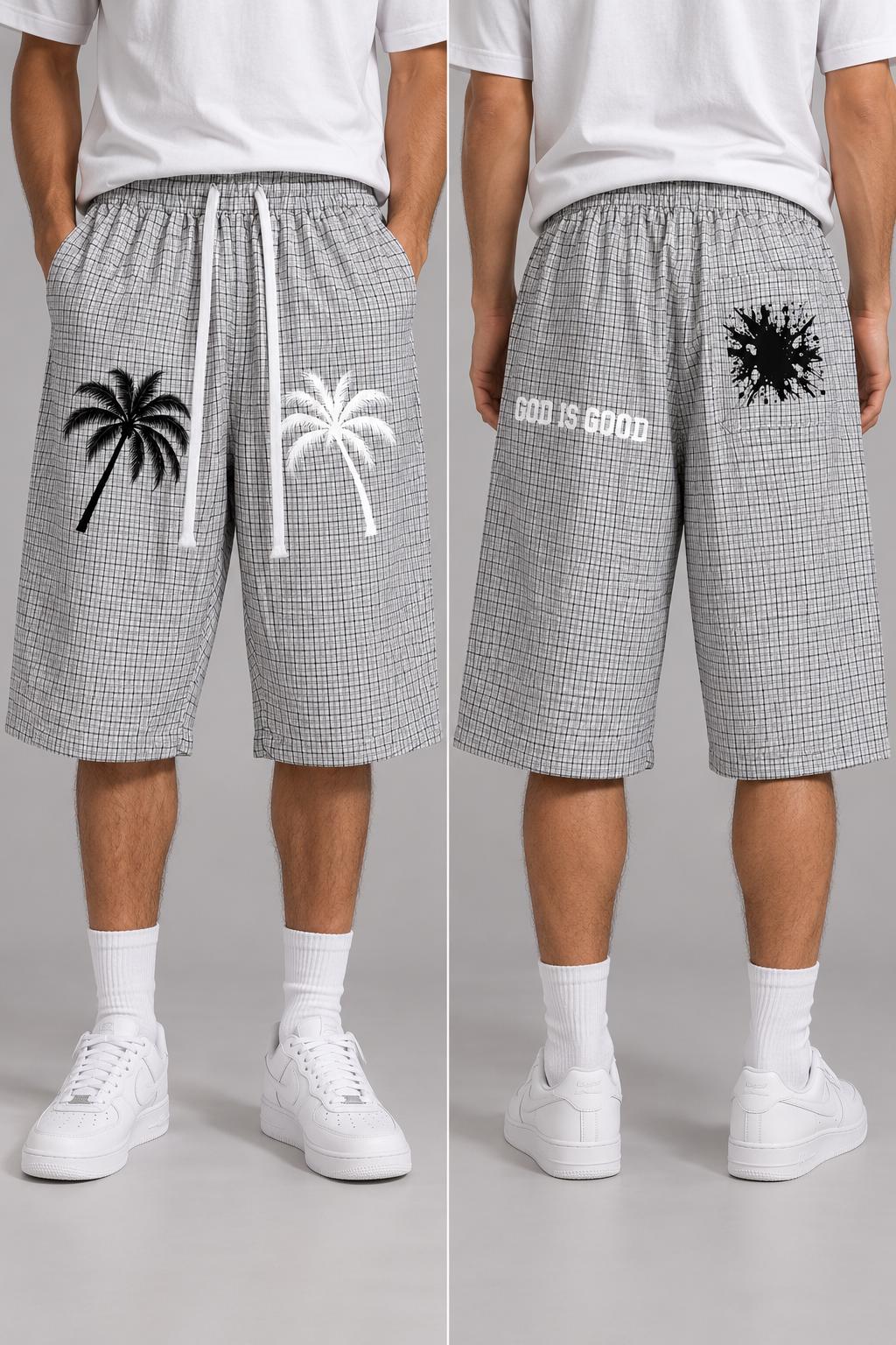 White Plaid Palm Tree Bermuda Shorts, God Is Good Graphic, Drawstring Waist