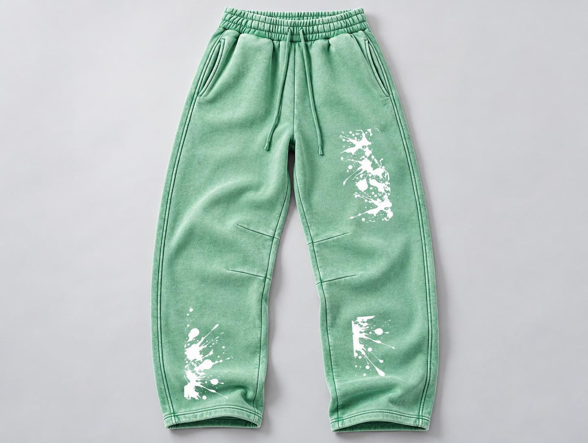Mint Green Paint Splatter Sweatpants, Palm Tree Graphic, Relaxed Wide Leg Pants