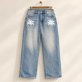 Men's Light Wash Palm Tree Jeans, Relaxed Wide Leg Denim Pants