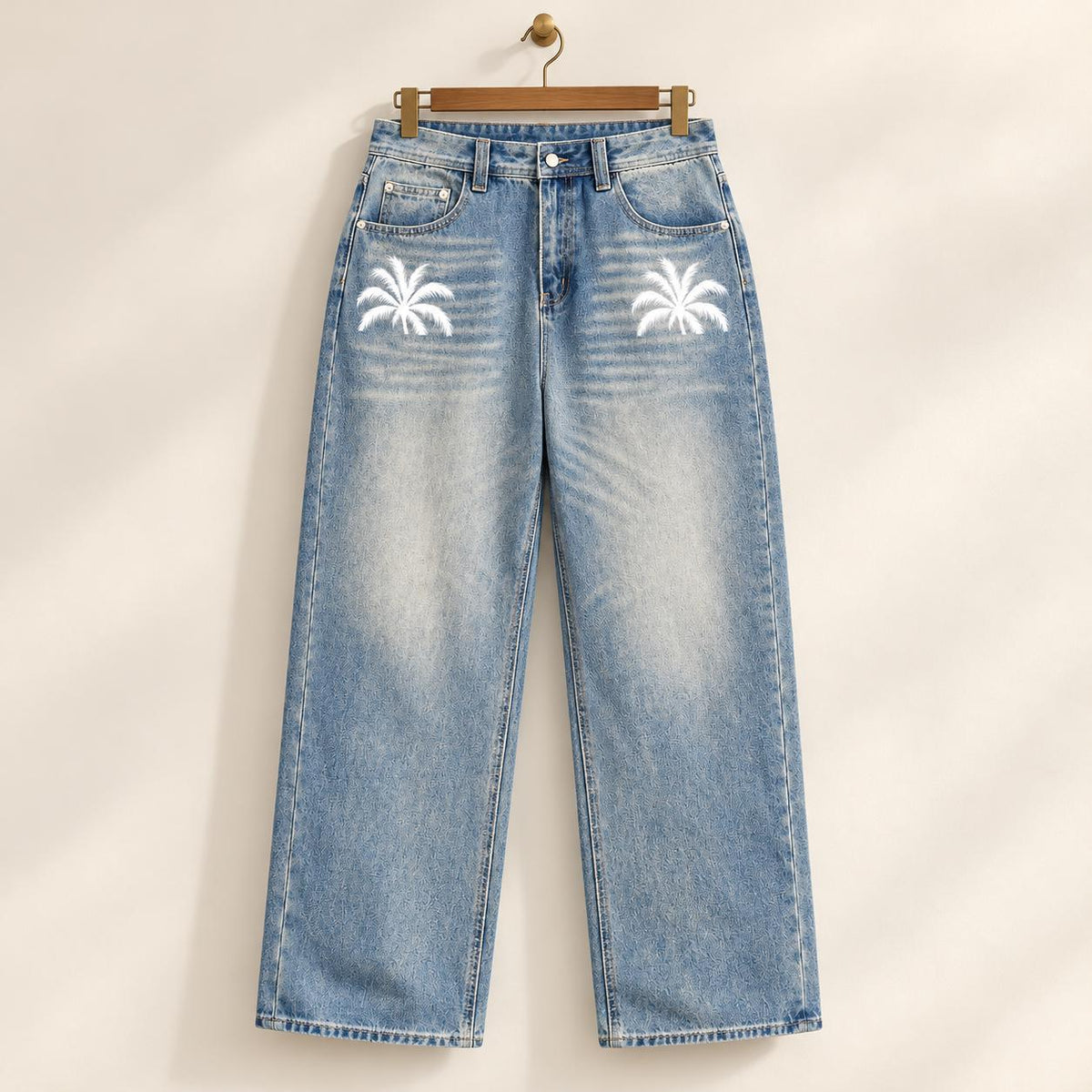 Men's Light Wash Palm Tree Jeans, Relaxed Wide Leg Denim Pants