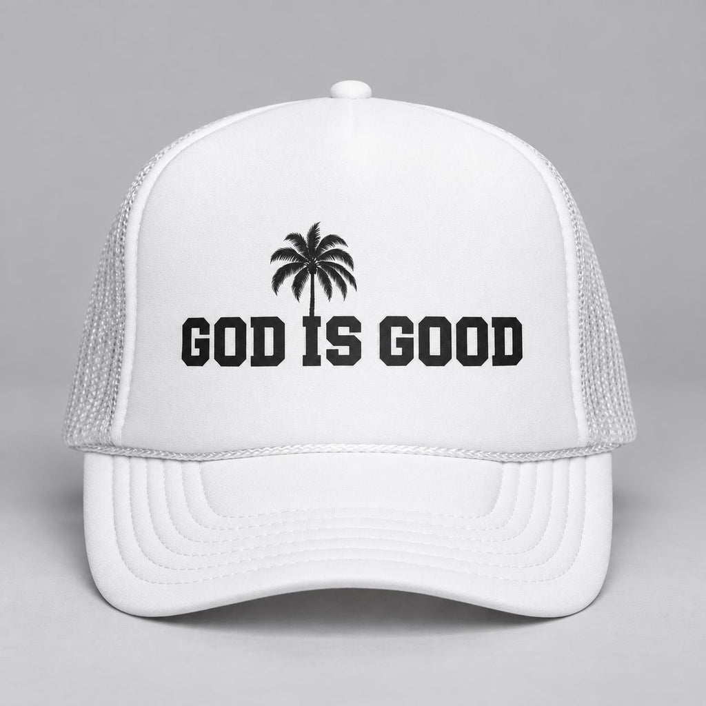 God Is Good White Trucker Hat, Black Palm Tree Graphic