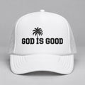 God Is Good White Trucker Hat, Black Palm Tree Graphic