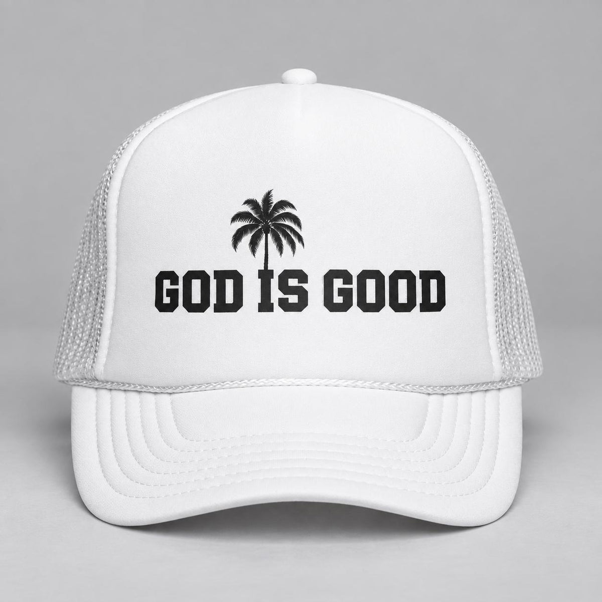 God Is Good White Trucker Hat, Black Palm Tree Graphic