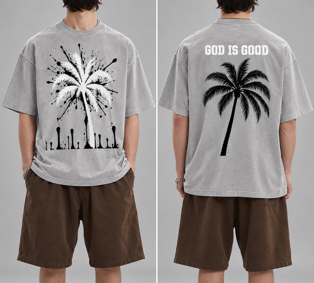 Oversized Gray T-Shirt, Palm Tree Paint Splatter, Faith Streetwear