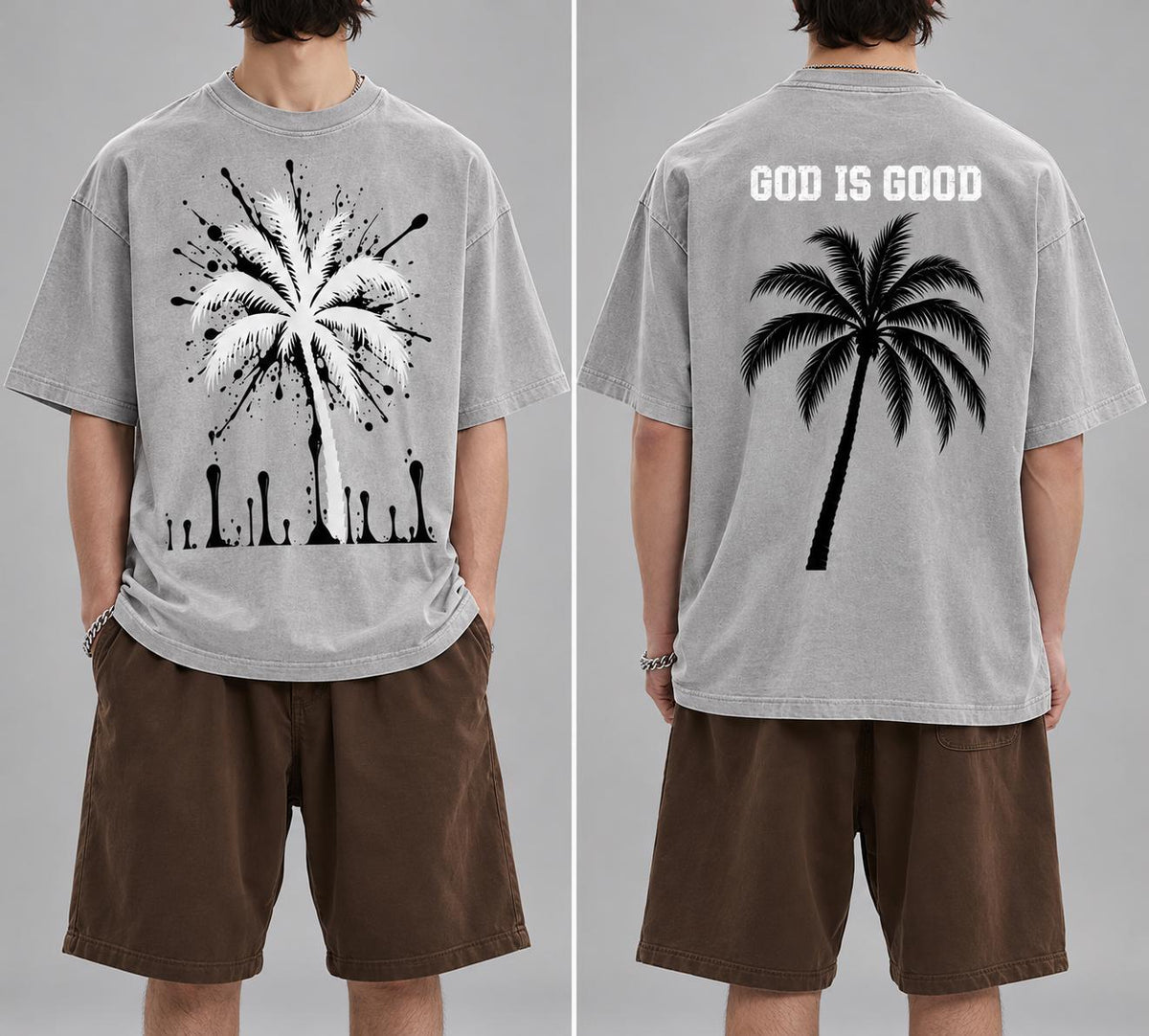 Oversized Gray T-Shirt, Palm Tree Paint Splatter, Faith Streetwear