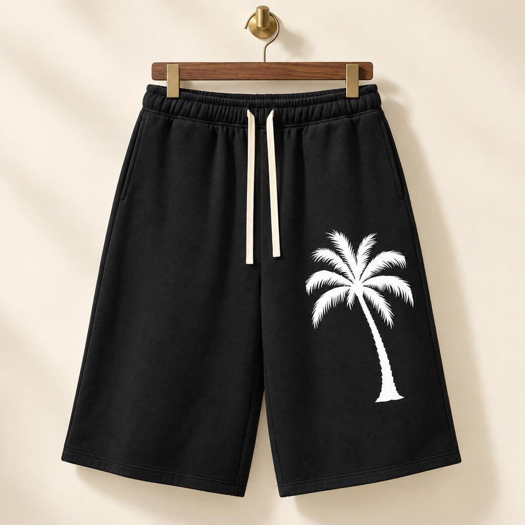 Men's Black Palm Tree Bermuda Shorts, God Is Good Graphic, Baggy Wide Leg