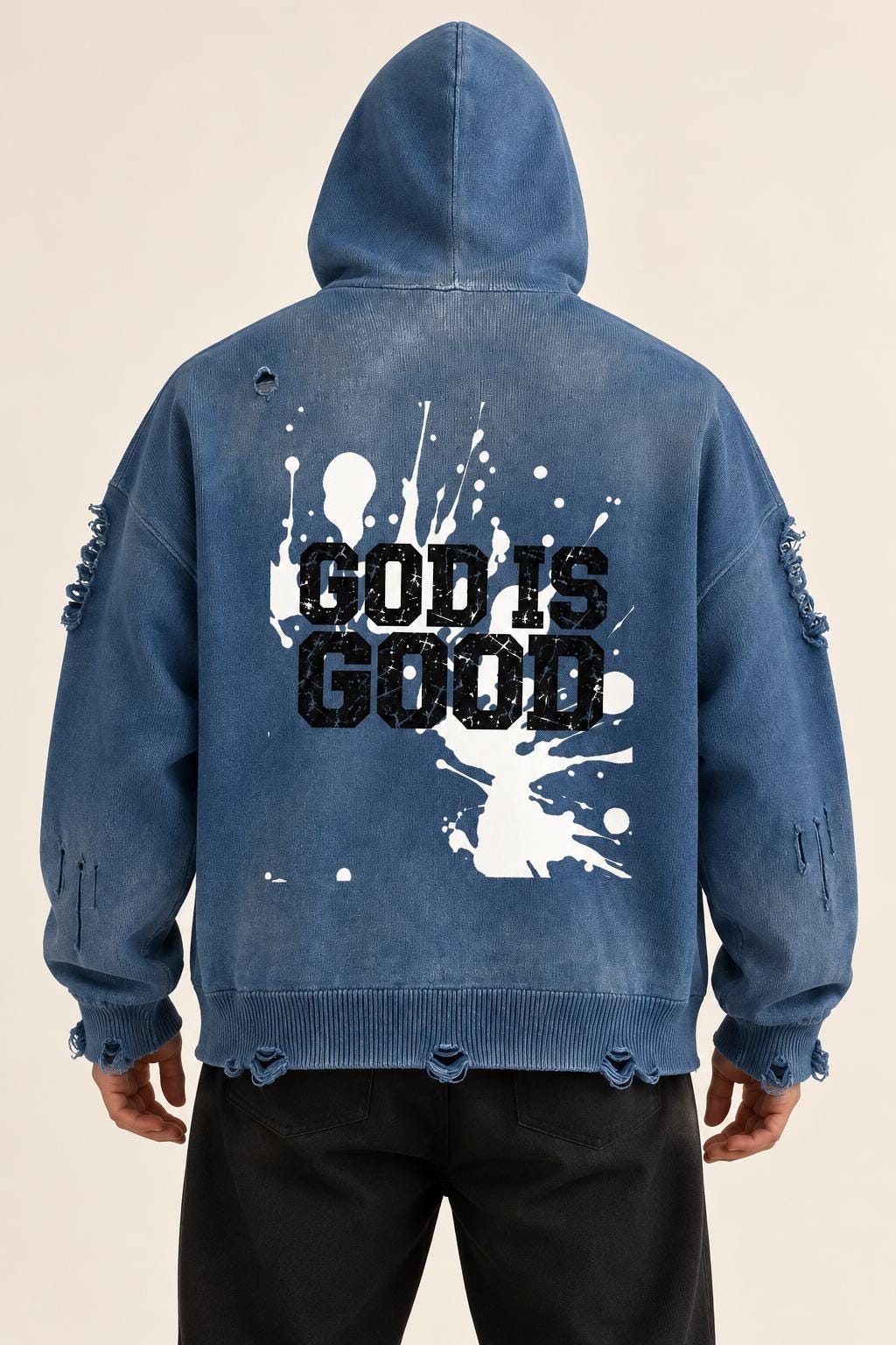 Distressed Blue Knit Zip Hoodie, Palm Tree Splatter Graphics, Christian Streetwear
