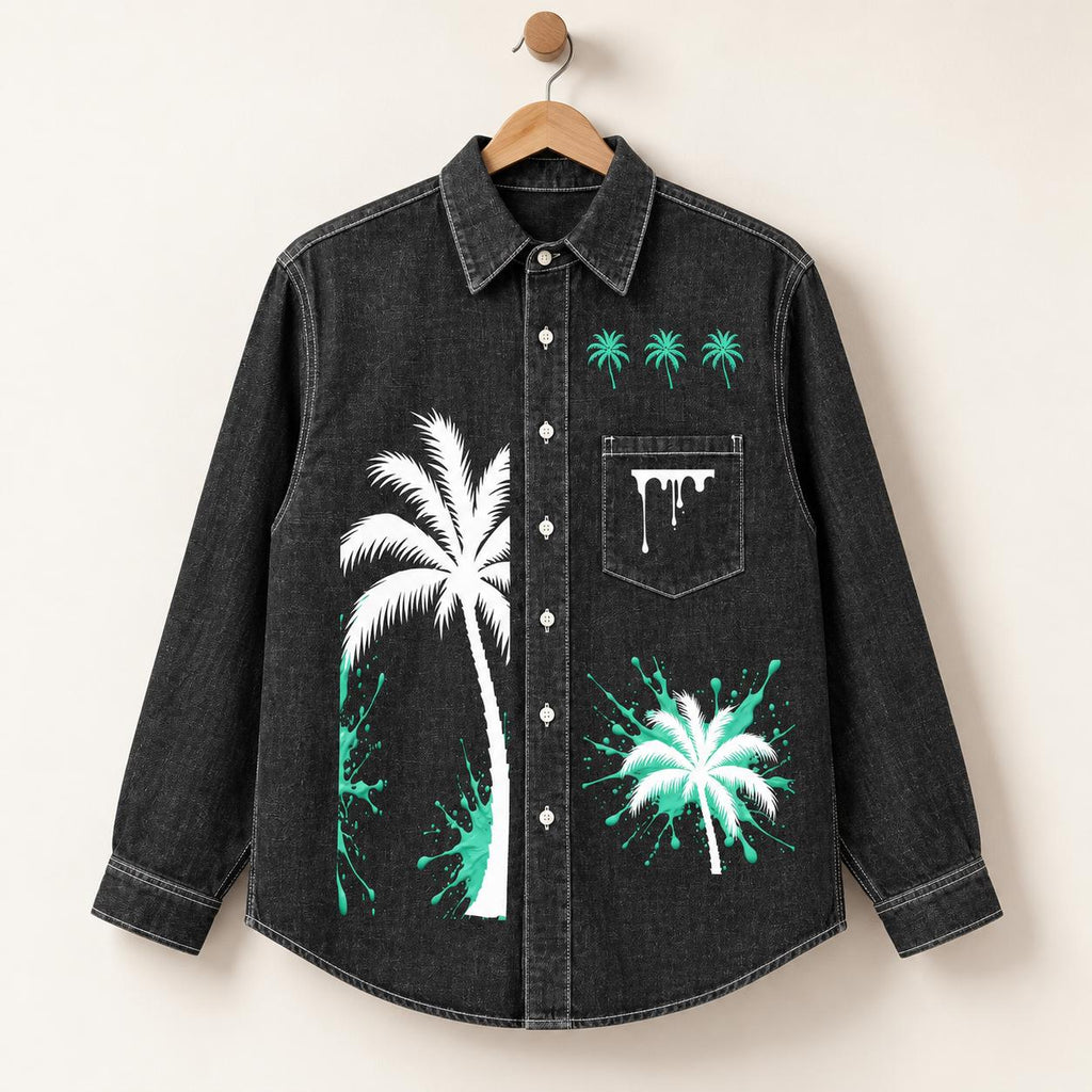 Washed Black Denim Shirt, Palm Tree & Paint Splatter Graphics, Men's Long Sleeve Button-Up