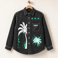 Washed Black Denim Shirt, Palm Tree & Paint Splatter Graphics, Men's Long Sleeve Button-Up