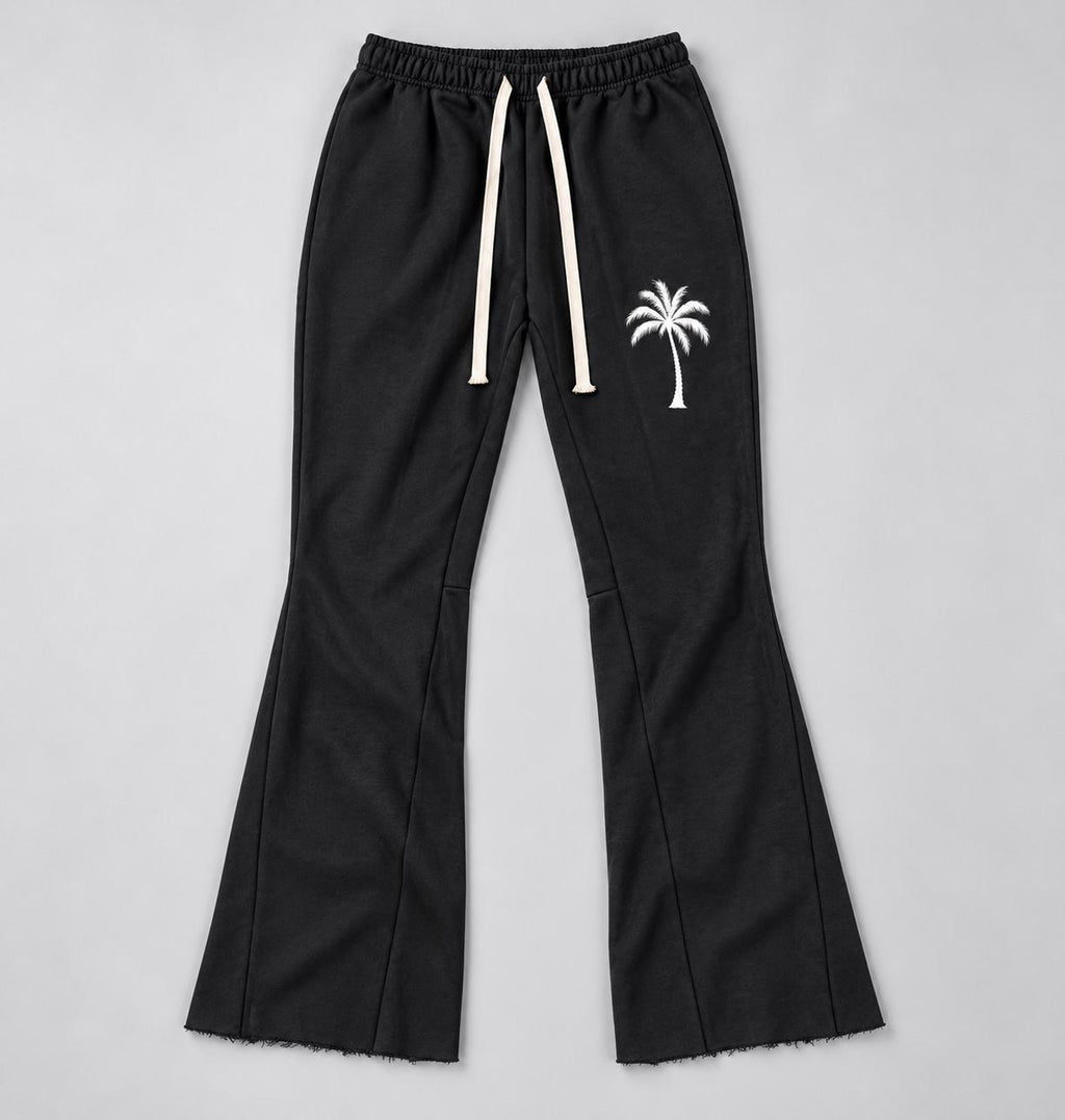 Black Palm Tree Sweatpants, White Paint Drip Graphic, Flared Raw Hem Pants