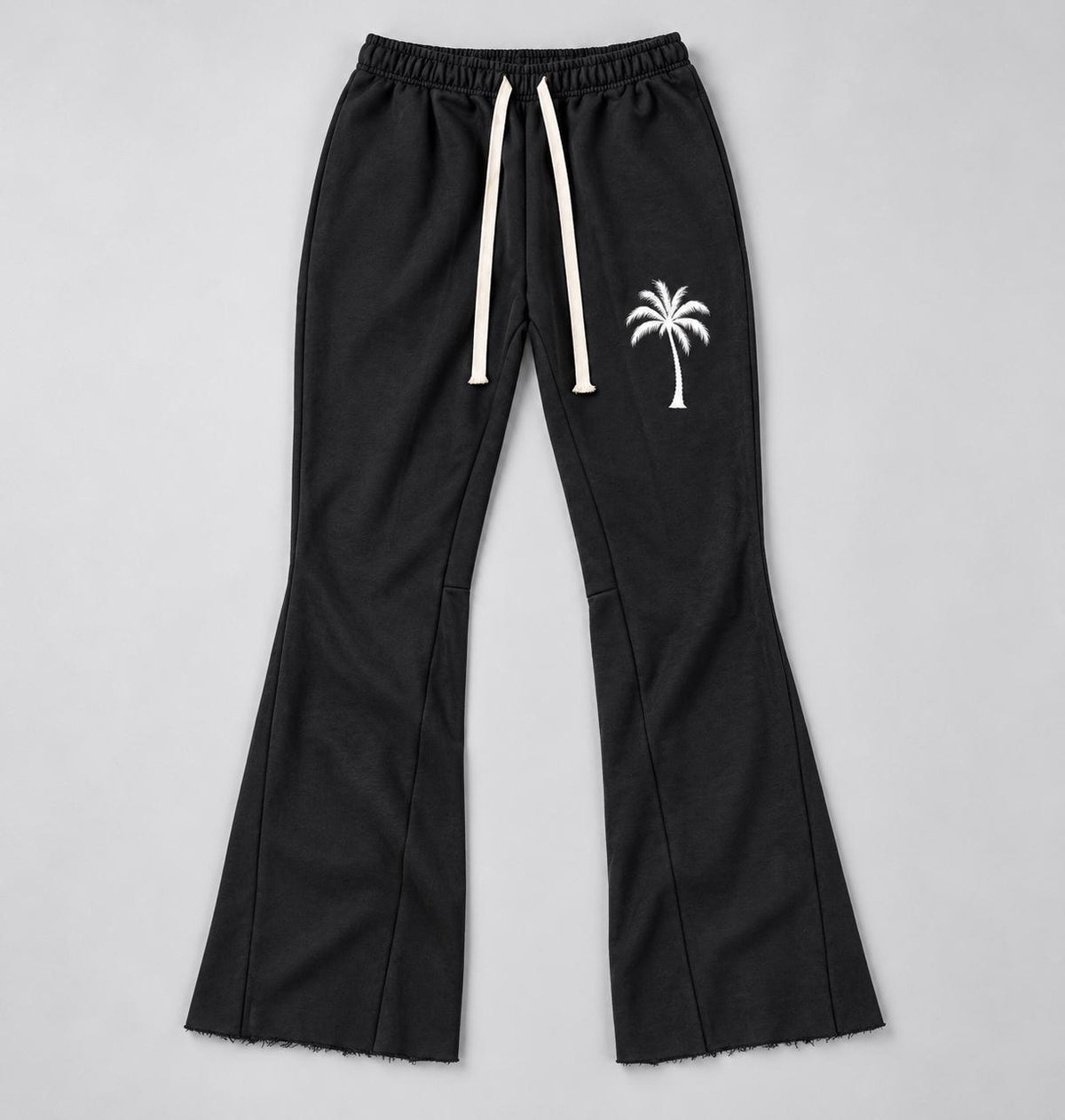 Black Palm Tree Sweatpants, White Paint Drip Graphic, Flared Raw Hem Pants