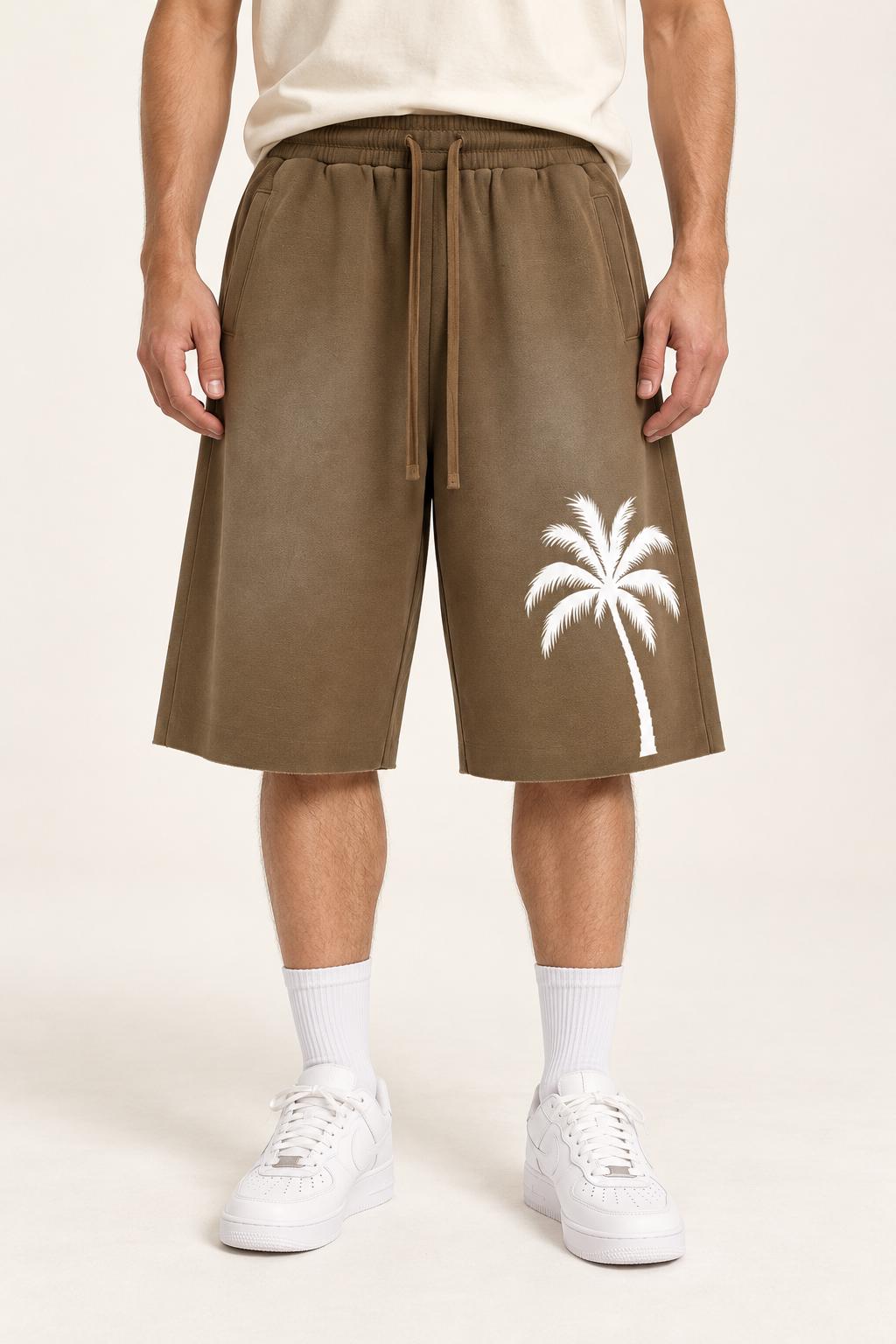 Men's Brown Palm Tree Sweat Shorts, Wide Leg, Paint Splatter Graphic (Cotton Blend)