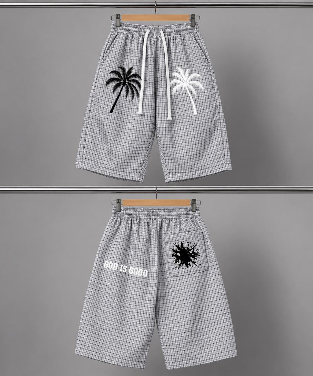 White Plaid Palm Tree Bermuda Shorts, God Is Good Graphic, Drawstring Waist