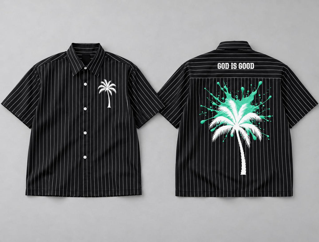 Oversized Pinstripe Button-Up Shirt, Palm Tree Graphic, Teal Splash Back Art