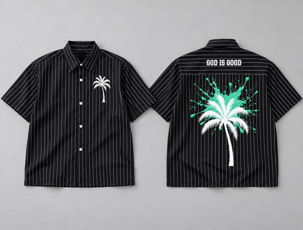 Oversized Pinstripe Button-Up Shirt, Palm Tree Graphic, Teal Splash Back Art