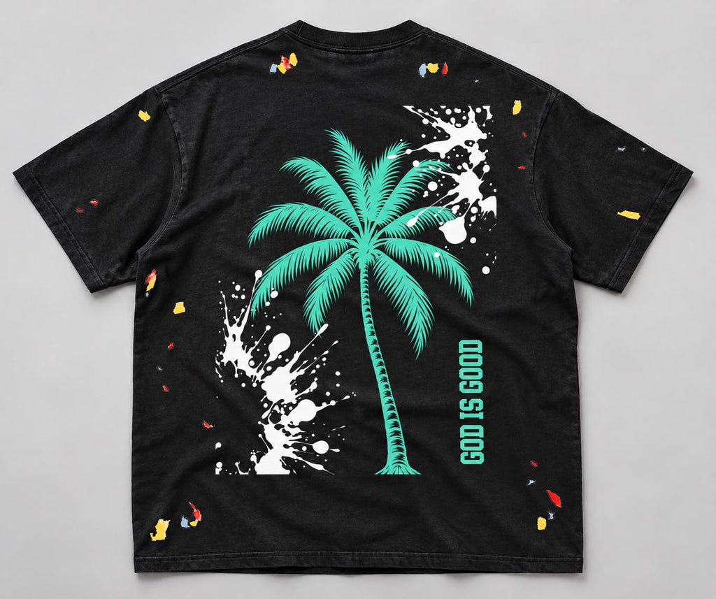 Black Oversized Palm Tree T-Shirt, God Is Good Graphic Tee, Teal Paint Splash Streetwear