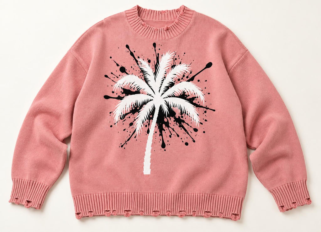Pink Palm Tree Knit Sweater, Distressed Oversized Pullover, Paint Splatter Graphic
