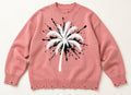 Pink Palm Tree Knit Sweater, Distressed Oversized Pullover, Paint Splatter Graphic