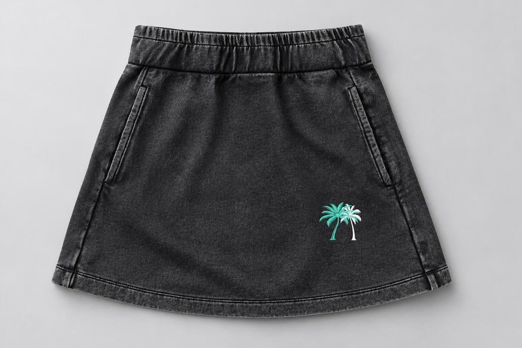 Washed Charcoal Mini Skirt with Teal and White Palm Tree Graphic, A-Line Streetwear Skirt