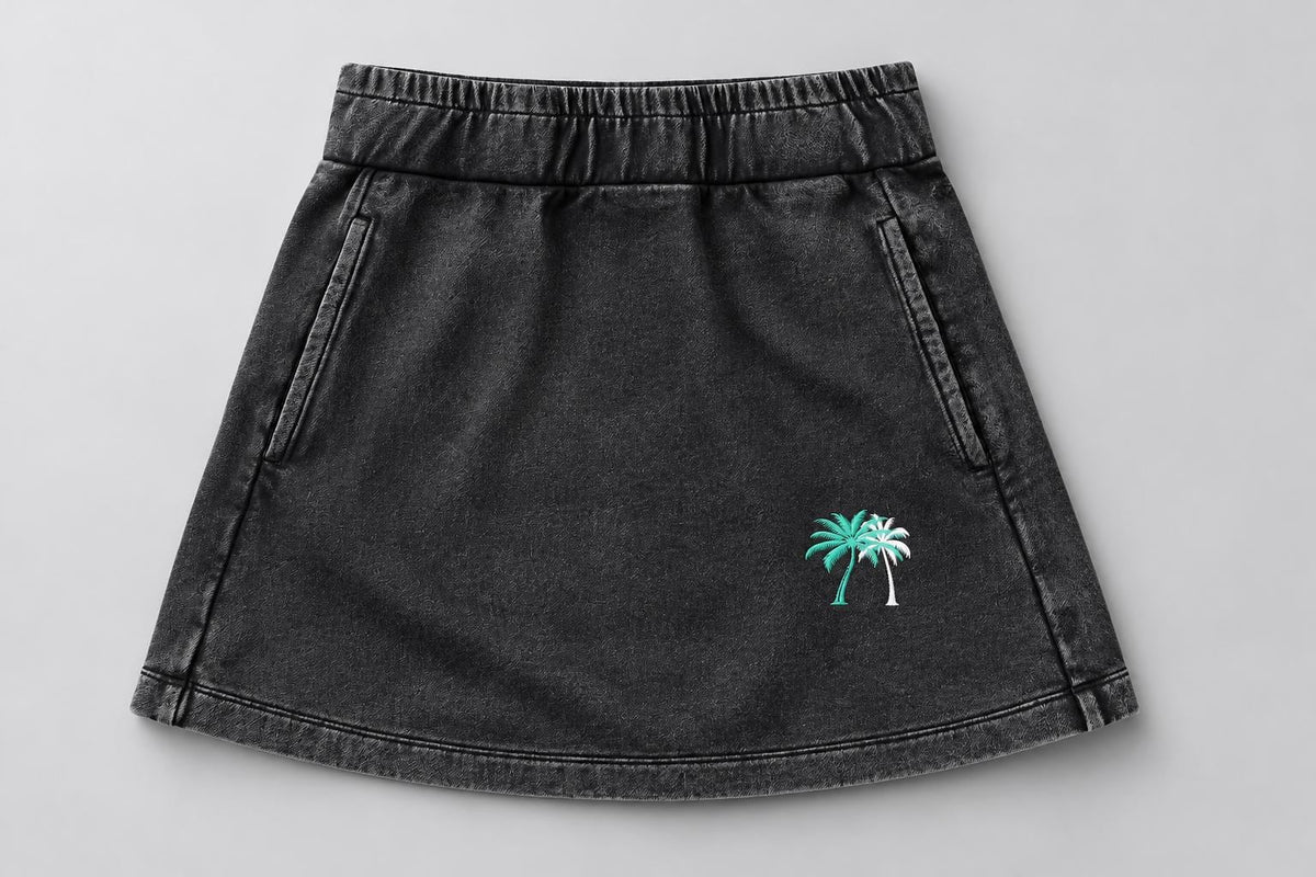 Washed Charcoal Mini Skirt with Teal and White Palm Tree Graphic, A-Line Streetwear Skirt