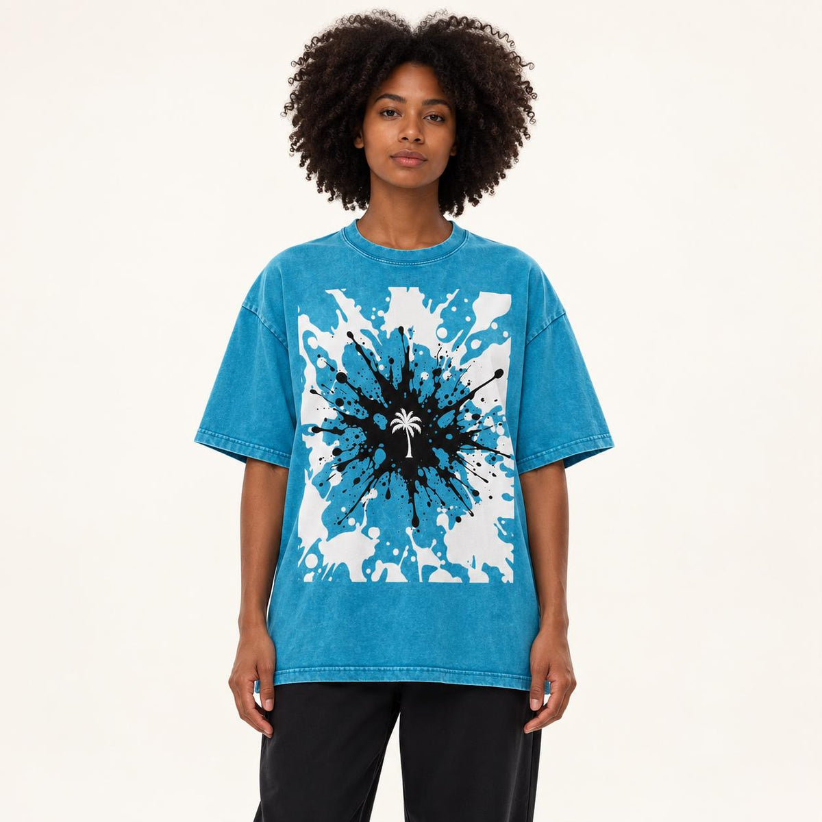 Turquoise Oversized Palm Tree T-Shirt, Snow Washed Cotton, Black White Splatter Print (Unisex)