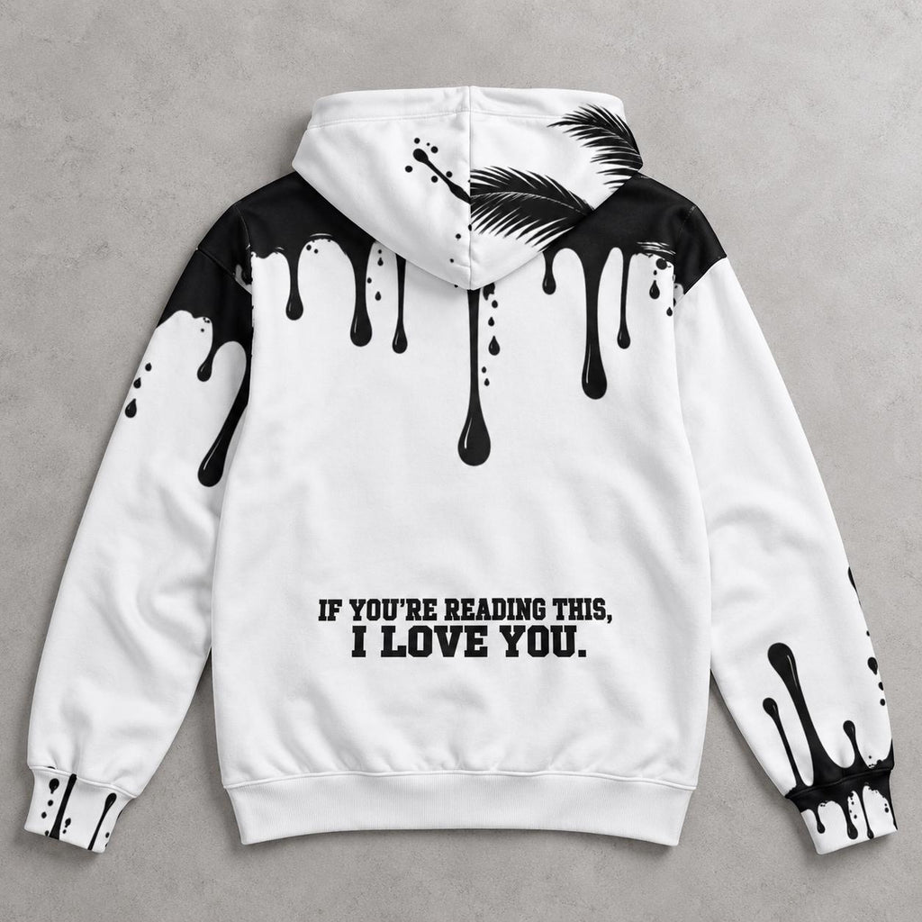 Limited Edition White Palm Tree Hoodie with Black Paint Splatter Drip Print, God Is Good Message