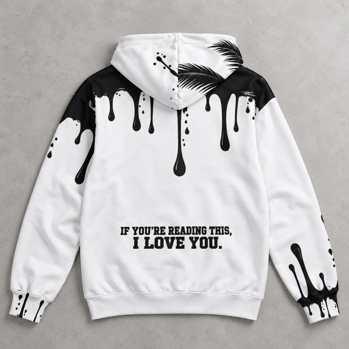 Limited Edition White Palm Tree Hoodie with Black Paint Splatter Drip Print, God Is Good Message