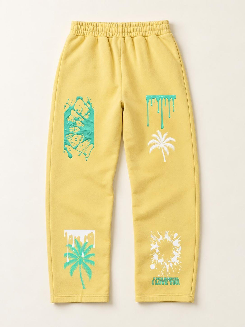 Limited Edition Butter Yellow Palm Tree Sweatpants, Mint Paint Splatter Graphic Pants