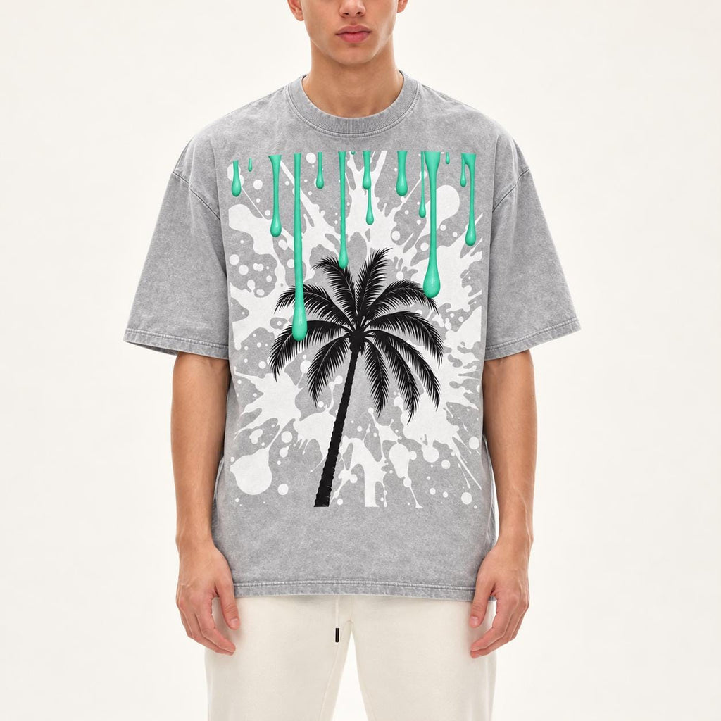 Oversized Palm Tree T-Shirt, Snow Washed Cotton, Mint Paint Drip Design (Unisex)