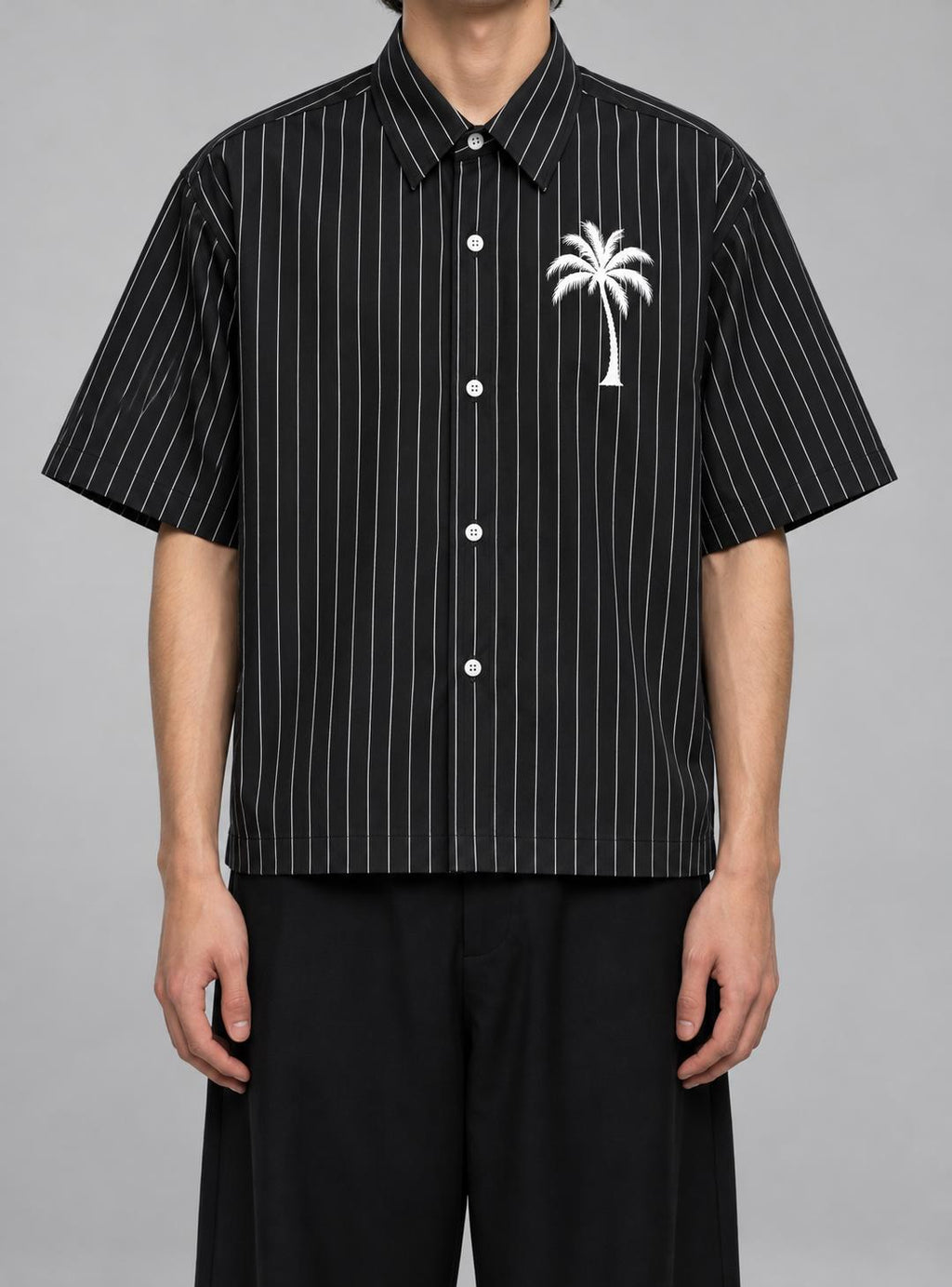 Oversized Pinstripe Button-Up Shirt, Palm Tree Graphic, Teal Splash Back Art
