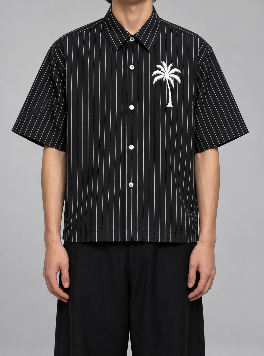 Oversized Pinstripe Button-Up Shirt, Palm Tree Graphic, Teal Splash Back Art