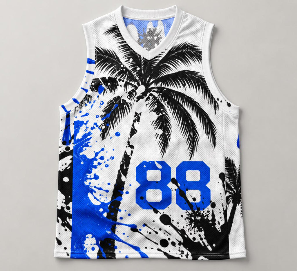 Limited Edition Basketball Jersey, Royal Blue Palm Tree Print, God Is Good (88)