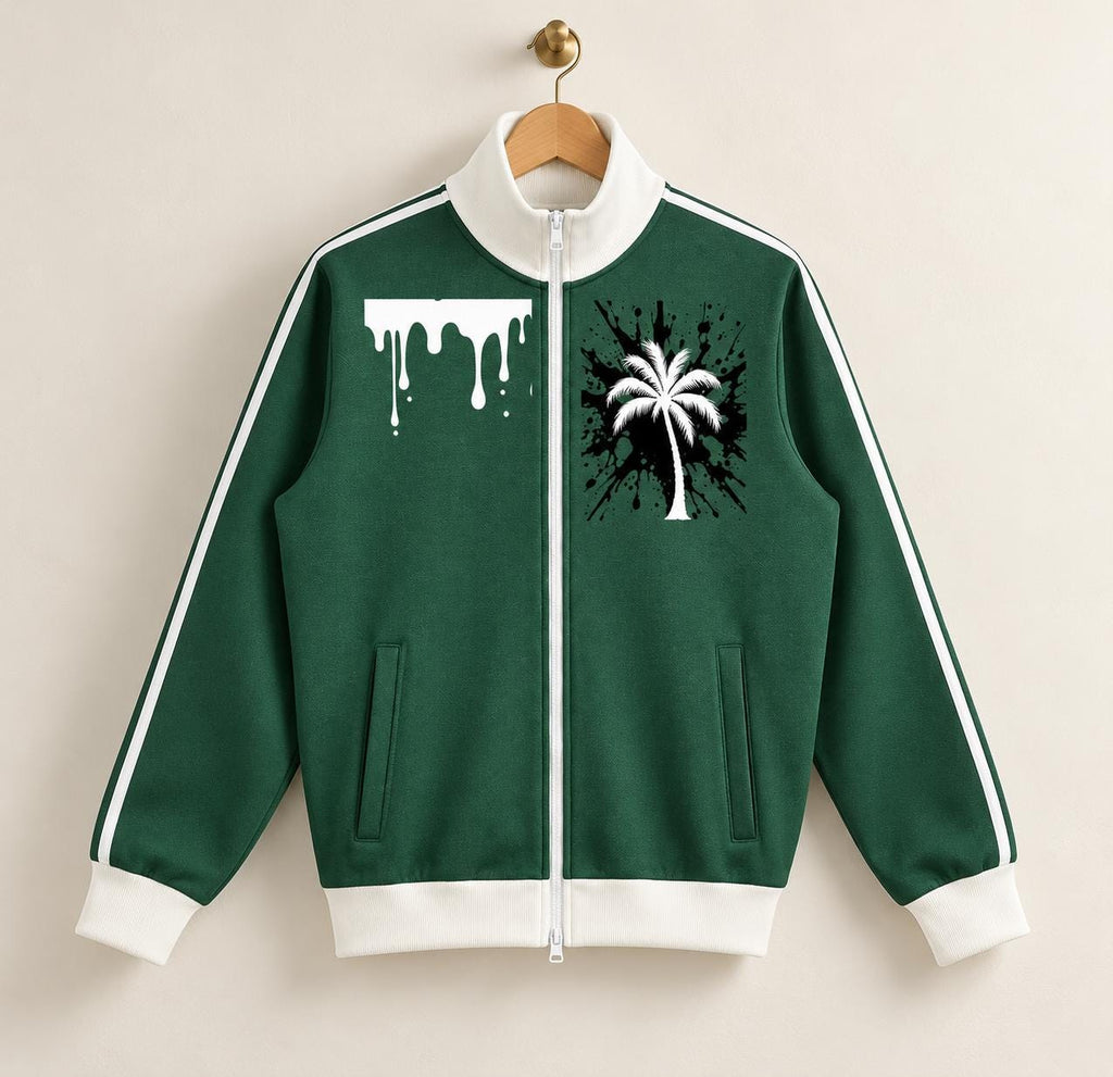Limited Edition Forest Green Track Jacket, Palm Tree Paint Splatter Art (20 Available)