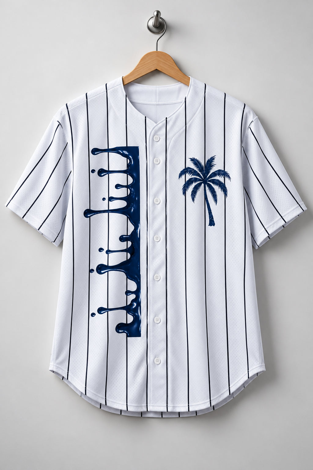 God Is Good Navy Palm & Paint Splatter Pinstripe Baseball Jersey