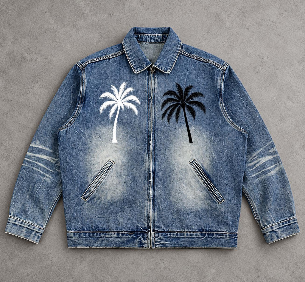 Washed Blue Zip-Up with Palm Tree and Paint Splatter Graphics