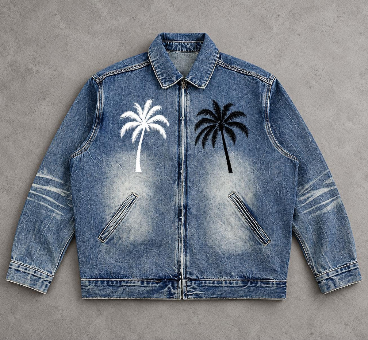 Washed Blue Zip-Up with Palm Tree and Paint Splatter Graphics
