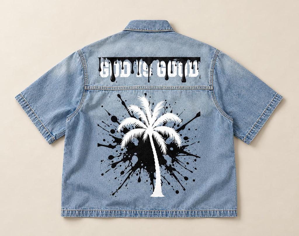 Washed Blue Denim Shirt, Palm Tree Paint Splatter Graphics, Snap Front
