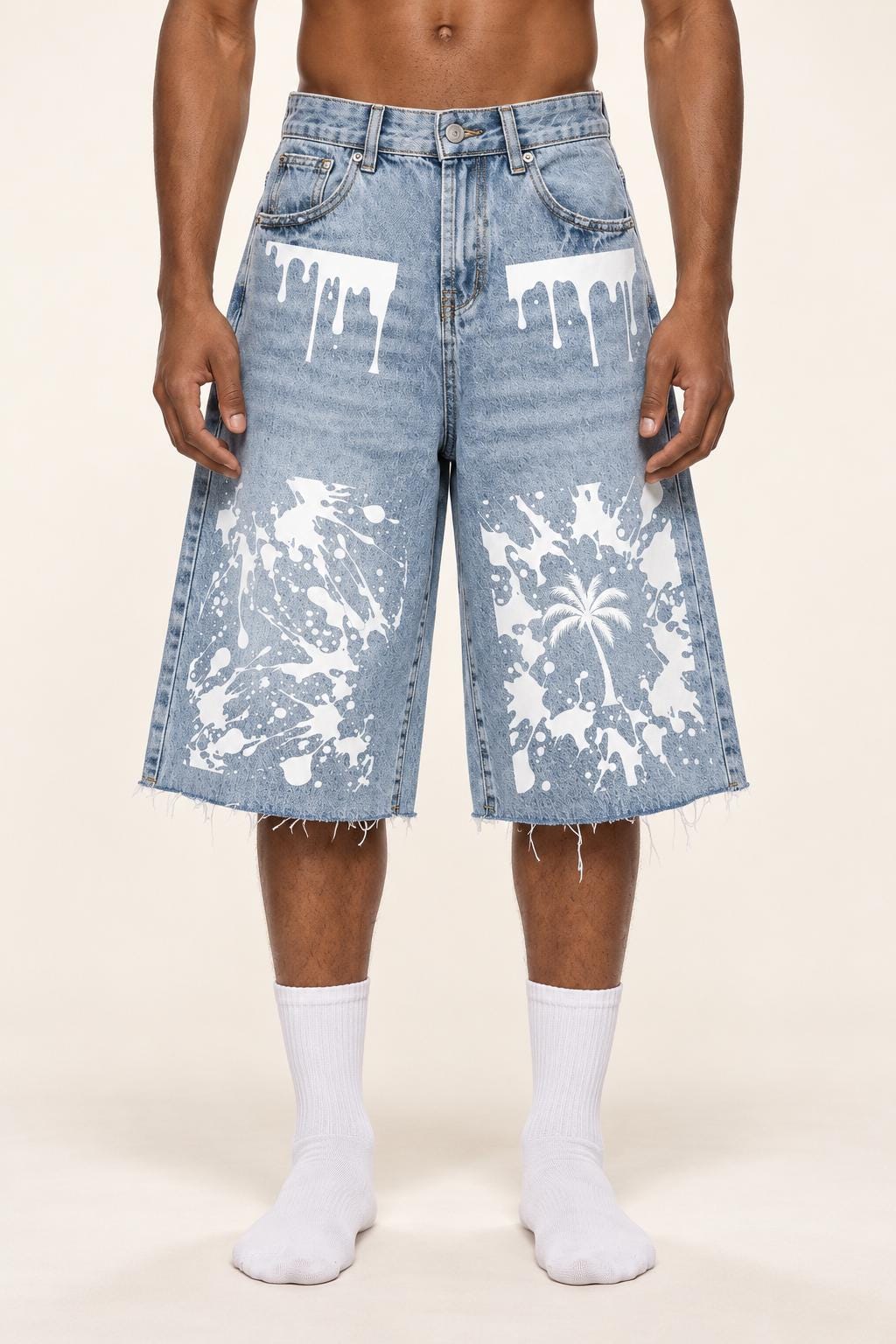 Men's Light Wash Denim Bermuda Shorts, Paint Splatter Palm Tree Graphics, Raw Hem Jorts