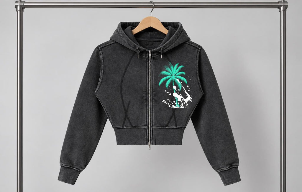 Washed Charcoal Cropped Hoodie, Palm Tree Paint Splash, Faith Streetwear